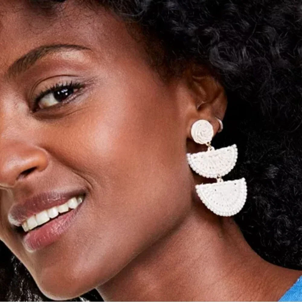 Cream Woven Raffia Drop Tower Earrings Hardware Goldtone, ON 34TH